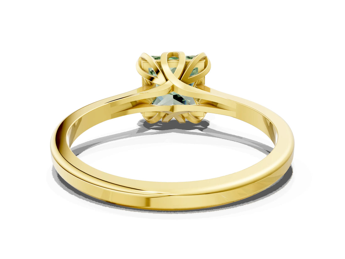 Yellow gold Fancy Green Princess Cut Diamond Solitaire Ring with Flower Prong Setting and Classic Band_36