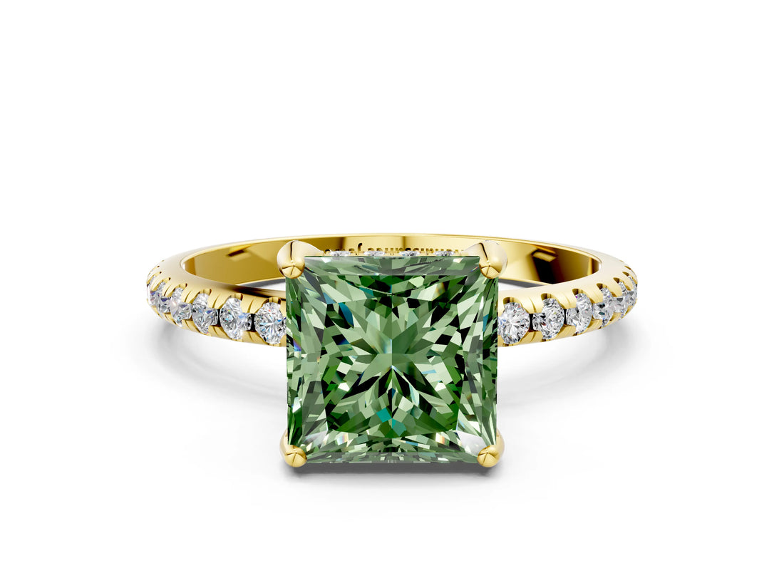 Yellow gold Fancy Green Princess Cut Diamond Solitaire Ring with Four-Prong Setting and Pavé Band_3