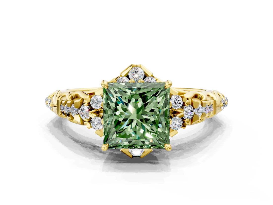 Yellow gold Fancy Green Princess Cut Diamond Solitaire Ring with Hidden Halo and Pavé Band_27