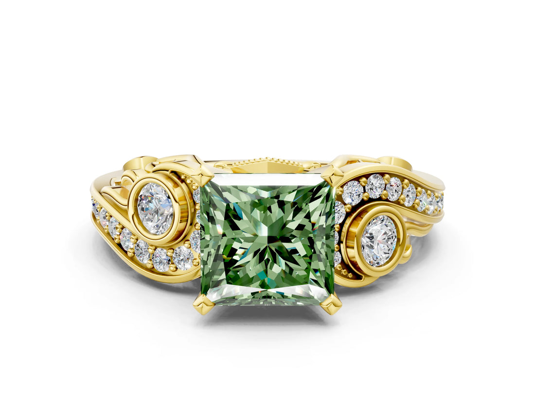Yellow gold Fancy Green Princess Cut Diamond Solitaire Ring with Milgrain Pavé Band and Four-Prong Setting_17