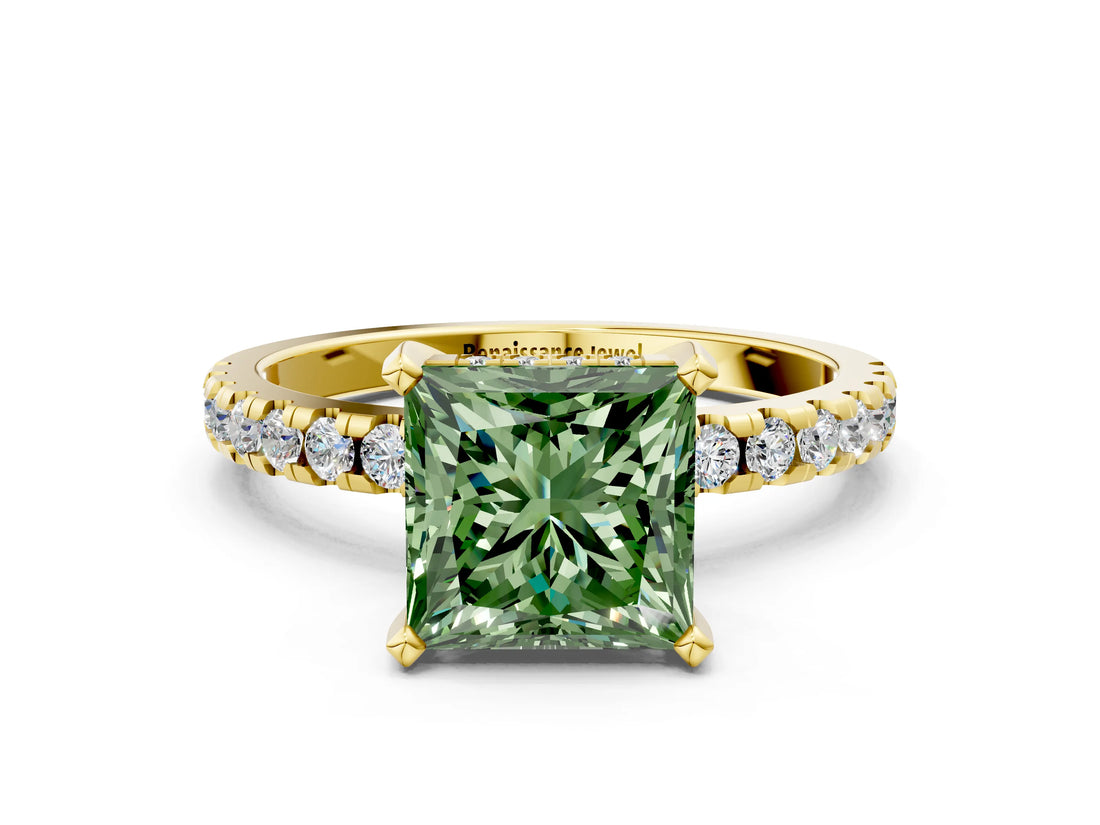 Yellow gold Fancy Green Princess Cut Diamond Solitaire Ring with Pavé Band and Four-Prong Setting_16