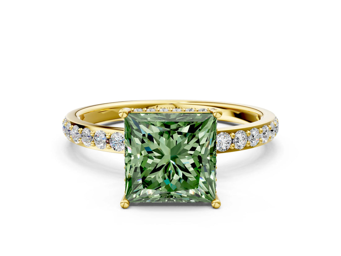Yellow gold Fancy Green Princess Cut Diamond Solitaire Ring with Pavé Band and Hidden Halo_20