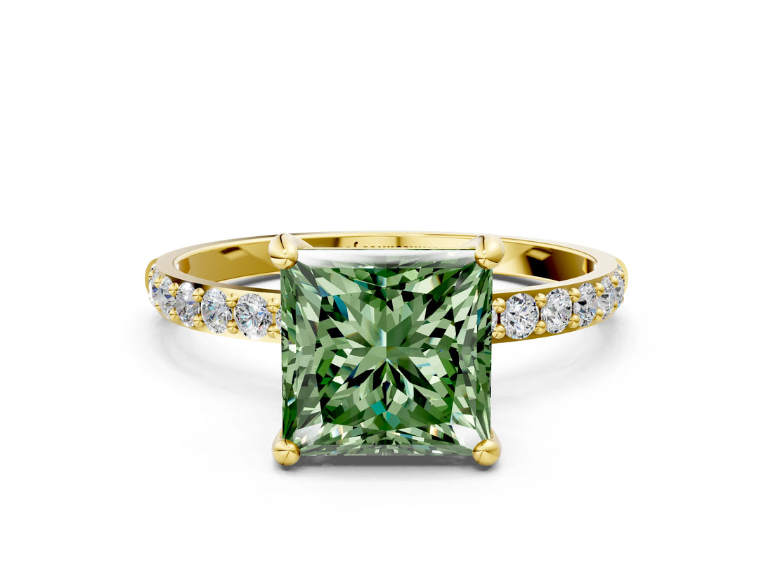 Yellow gold Fancy Green Princess Cut Diamond Solitaire Ring with Pave Band and Four Prong Setting_17
