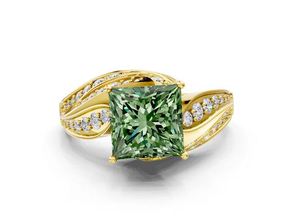 Yellow gold Fancy Green Princess Cut Diamond Solitaire Ring with Prong Setting and Twisted Pavé Band