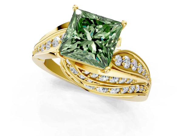 Yellow gold Fancy Green Princess Cut Diamond Solitaire Ring with Prong Setting and Twisted Pavé Band