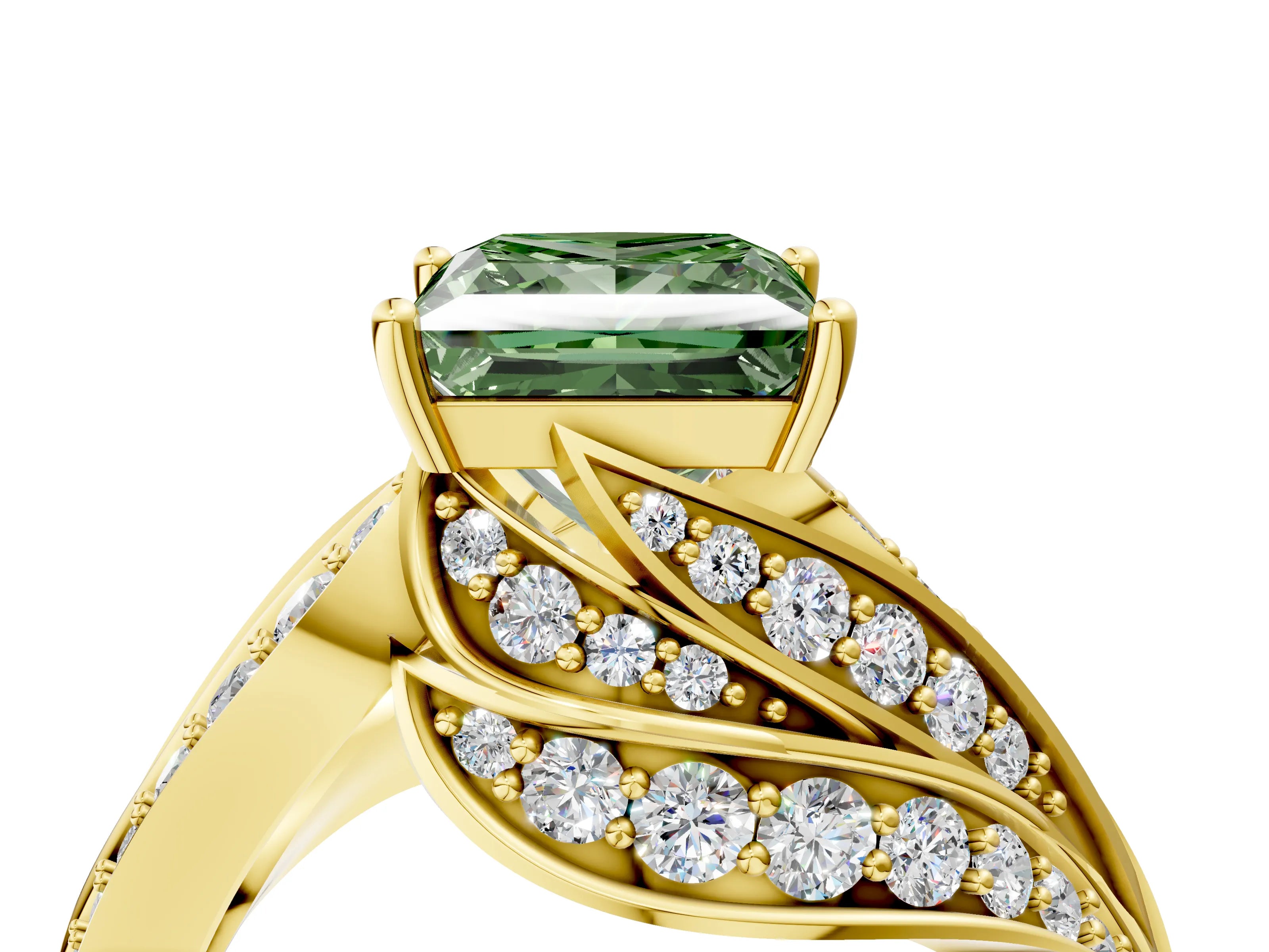 Yellow gold Fancy Green Princess Cut Diamond Solitaire Ring with Prong Setting and Twisted Pavé Band_4