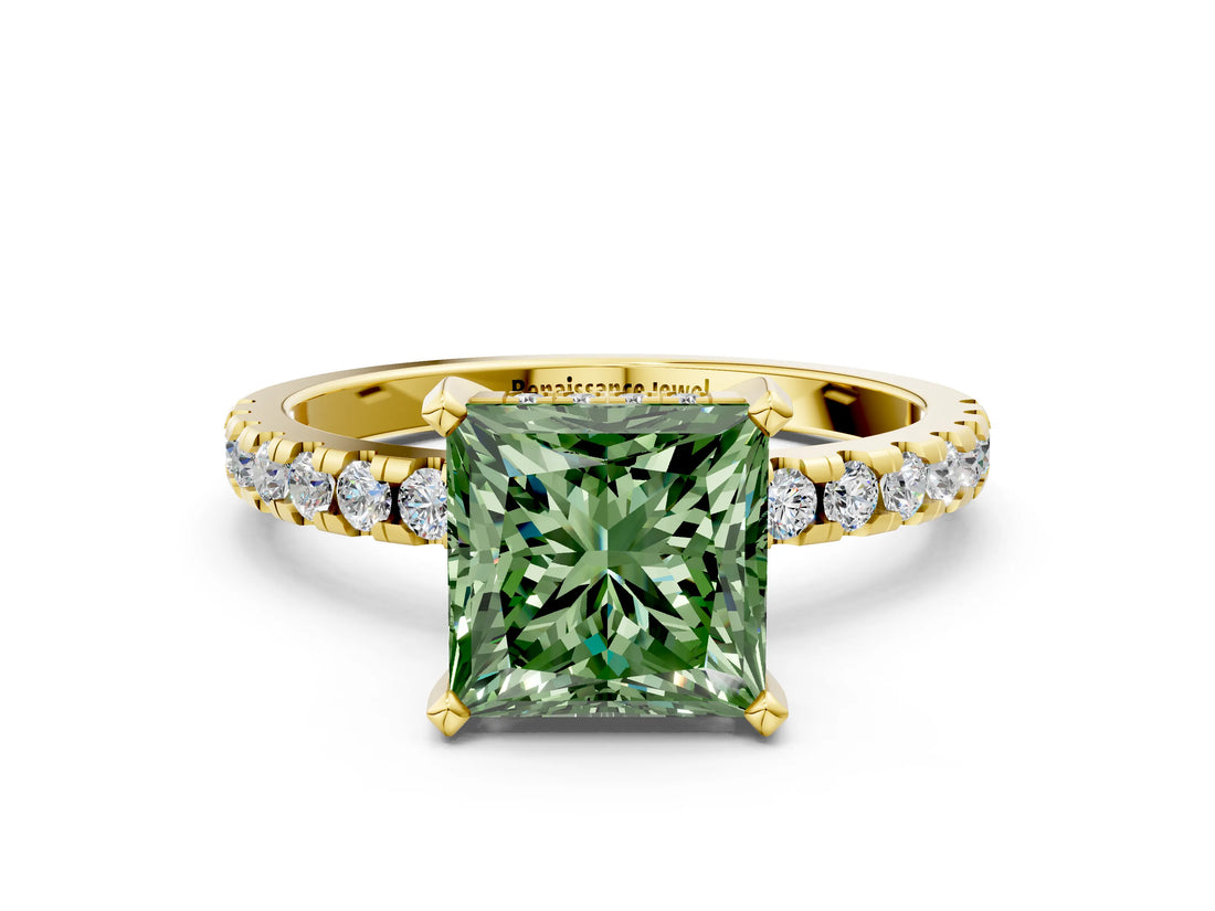 Yellow gold Fancy Green Princess Cut Diamond Solitaire Ring with Round  Pavé Band and Four-Prong Setting_36