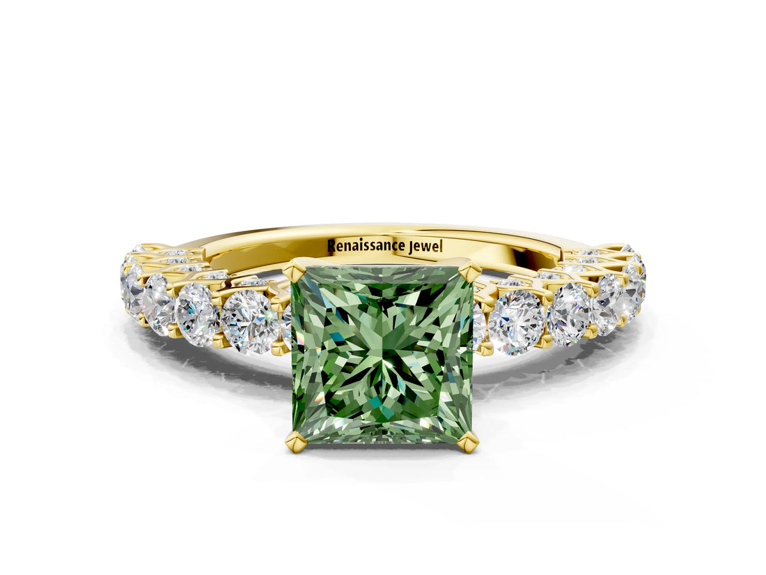Yellow gold Fancy Green Princess Cut Diamond Solitaire Ring with Shared Prong Pavé Band and Four-Prong Setting_34