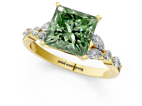 Yellow Gold Princess Cut Engagement Ring Setting for Fancy Green Center - Design RJ-121