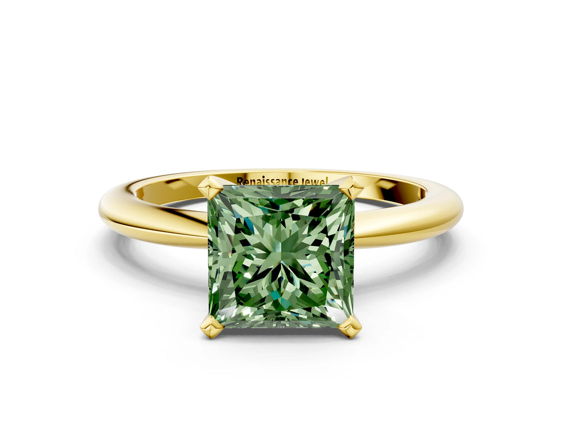 Yellow gold Fancy Green Princess Cut Diamond Solitaire Ring with Six-Prong Setting and Classic Band_54