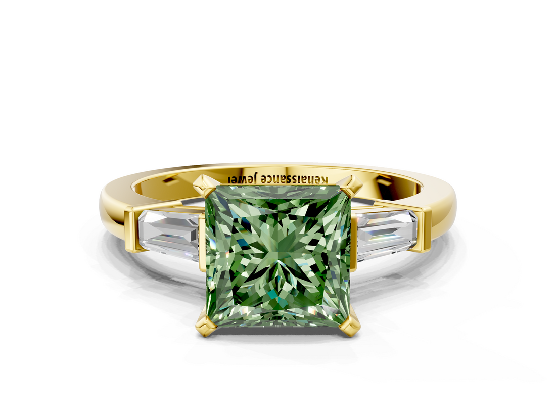 Yellow gold Fancy Green Princess  Cut Diamond Solitaire Ring with Tapered Baguette Accents and Four-Prong Setting