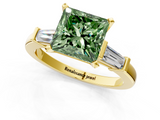 Yellow gold Fancy Green Princess  Cut Diamond Solitaire Ring with Tapered Baguette Accents and Four-Prong Setting_1