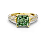 Yellow gold Fancy Green Princess Cut Diamond Solitaire Ring with Three-Row Pavé Band and Four-Prong Setting_22