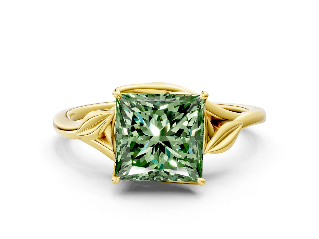 Yellow gold Fancy Green Princess Cut Diamond Solitaire Ring with Twist Band and Four-Prong Setting_29