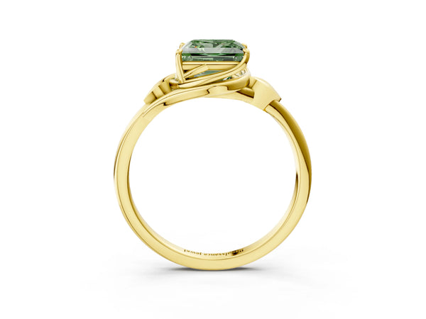 Yellow gold Fancy Green Princess Cut Diamond Solitaire Ring with Twist Band and Four-Prong Setting