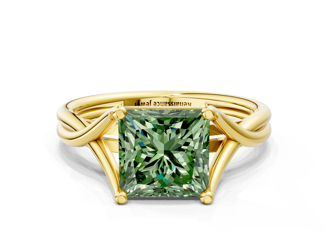 Yellow gold Fancy Green Princess Cut Diamond Solitaire Twist Band Prong Setting Ring_67