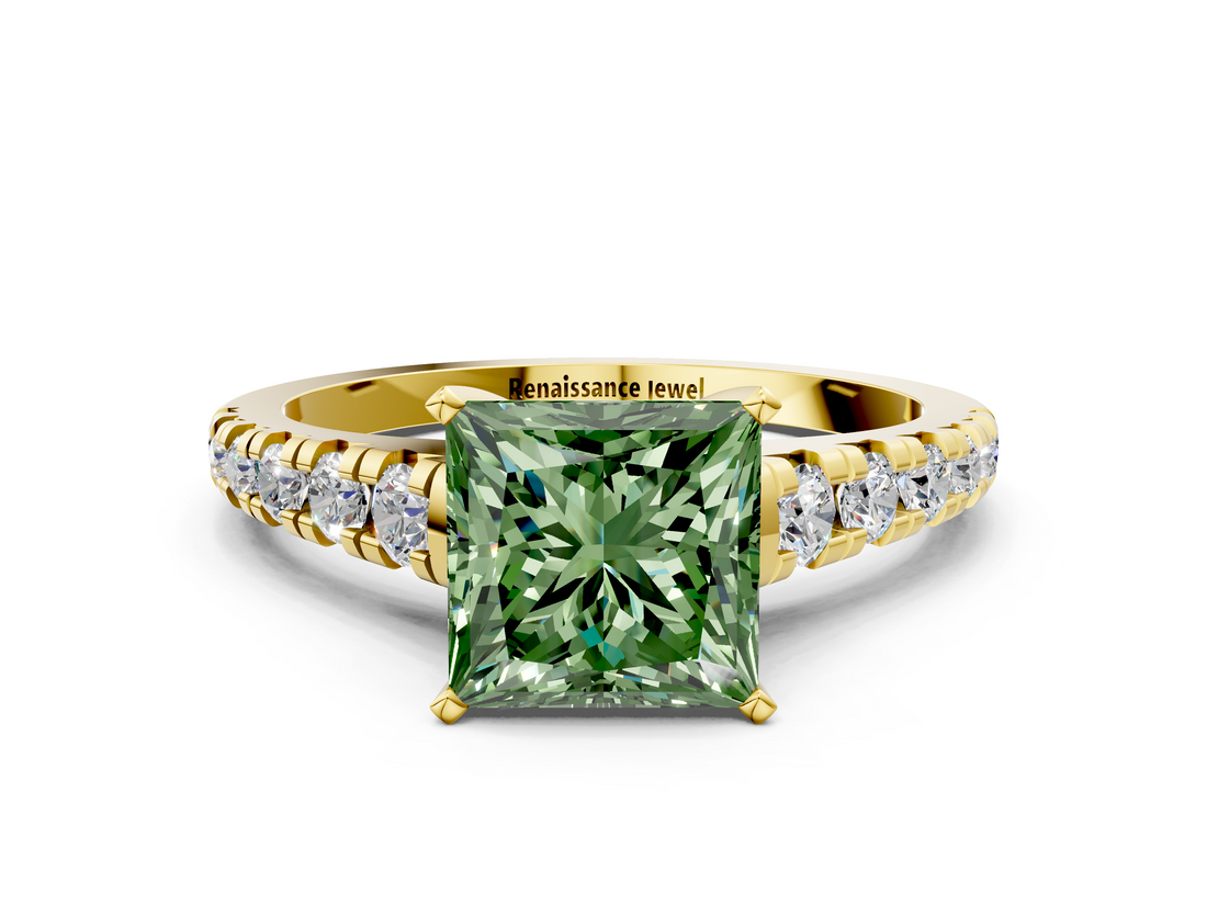 Yellow gold Fancy Green Princess  Cut Diamond Solitaire with Pave Band and Four-Prong Setting