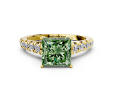Yellow gold Fancy Green Princess  Cut Diamond Solitaire with Pave Band and Four-Prong Setting