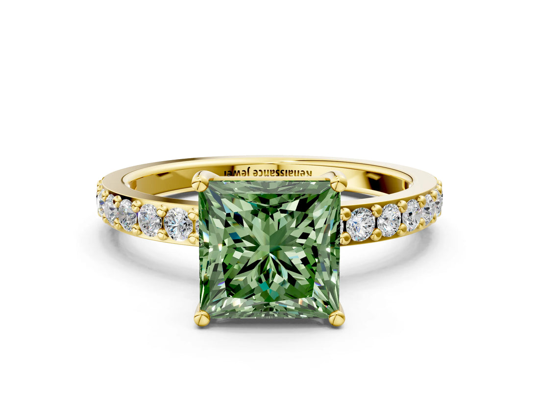 Yellow gold Fancy Green Princess  Cut Diamond Solitaire with Pave Band and Four-Prong Setting