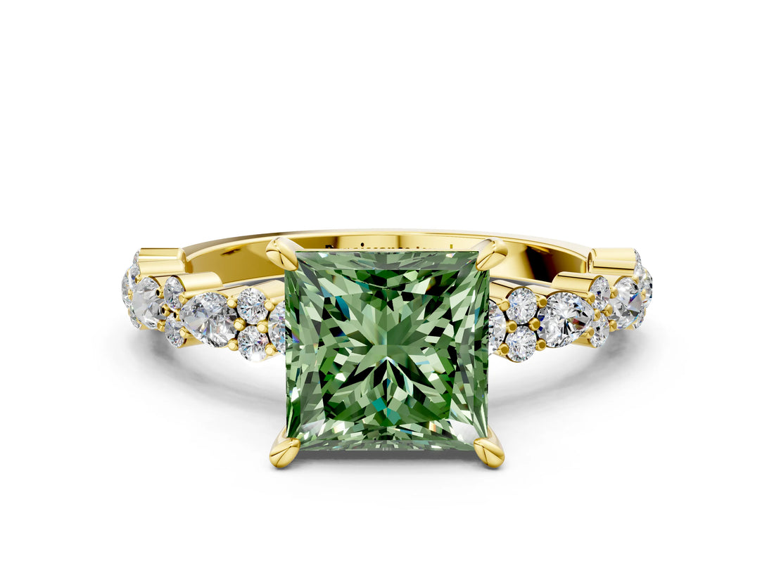 Yellow gold Fancy Green Princess Cut Diamond Solitaire with Side Stones, Pave Band, Four-Prong Setting_41