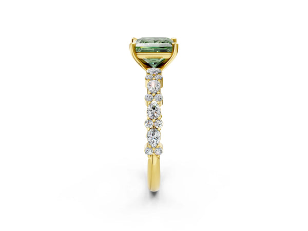 Yellow Gold Princess Cut Pear Side Stone Engagement Ring Setting for Fancy Green Center