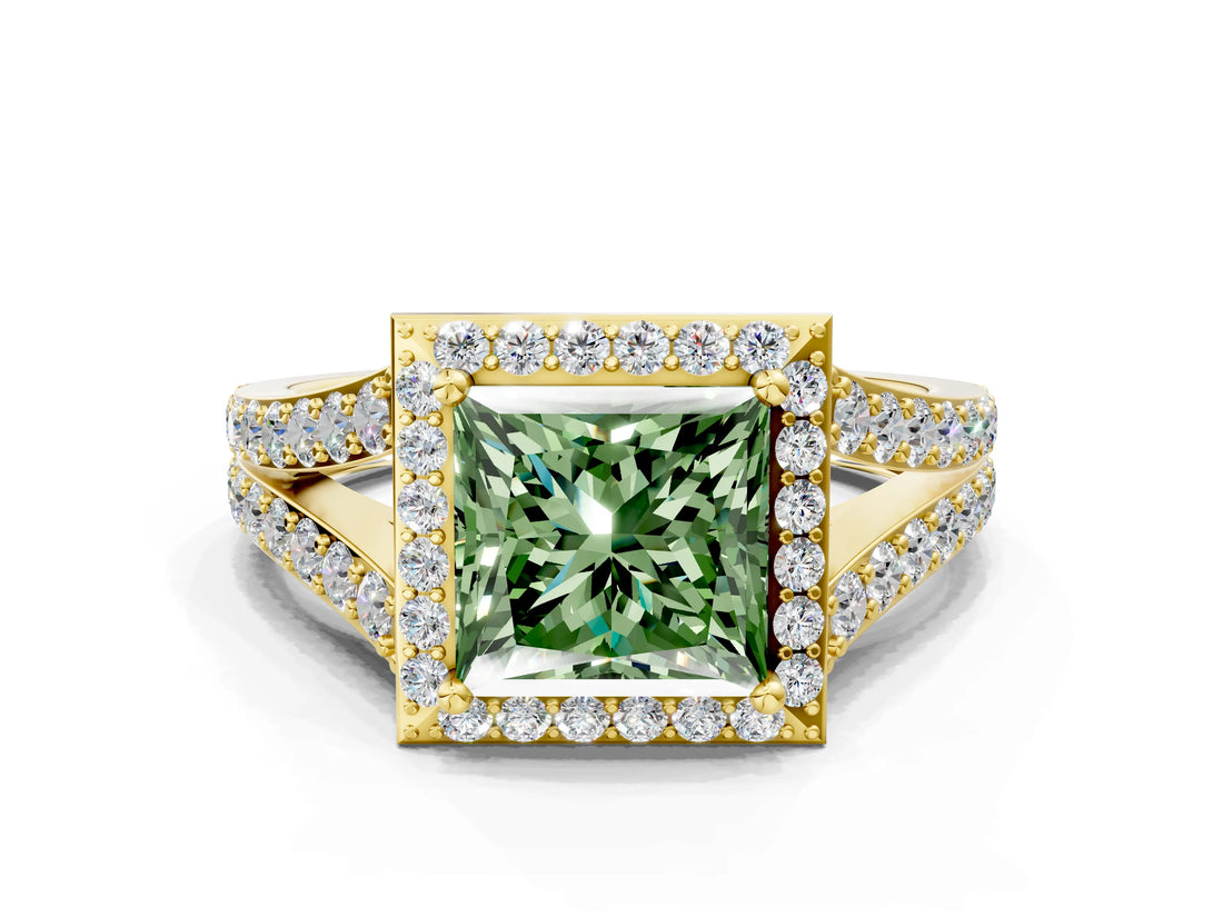Yellow gold Fancy Green Princess Cut Diamond Split Shank Halo Ring with Four-Prong Setting_17