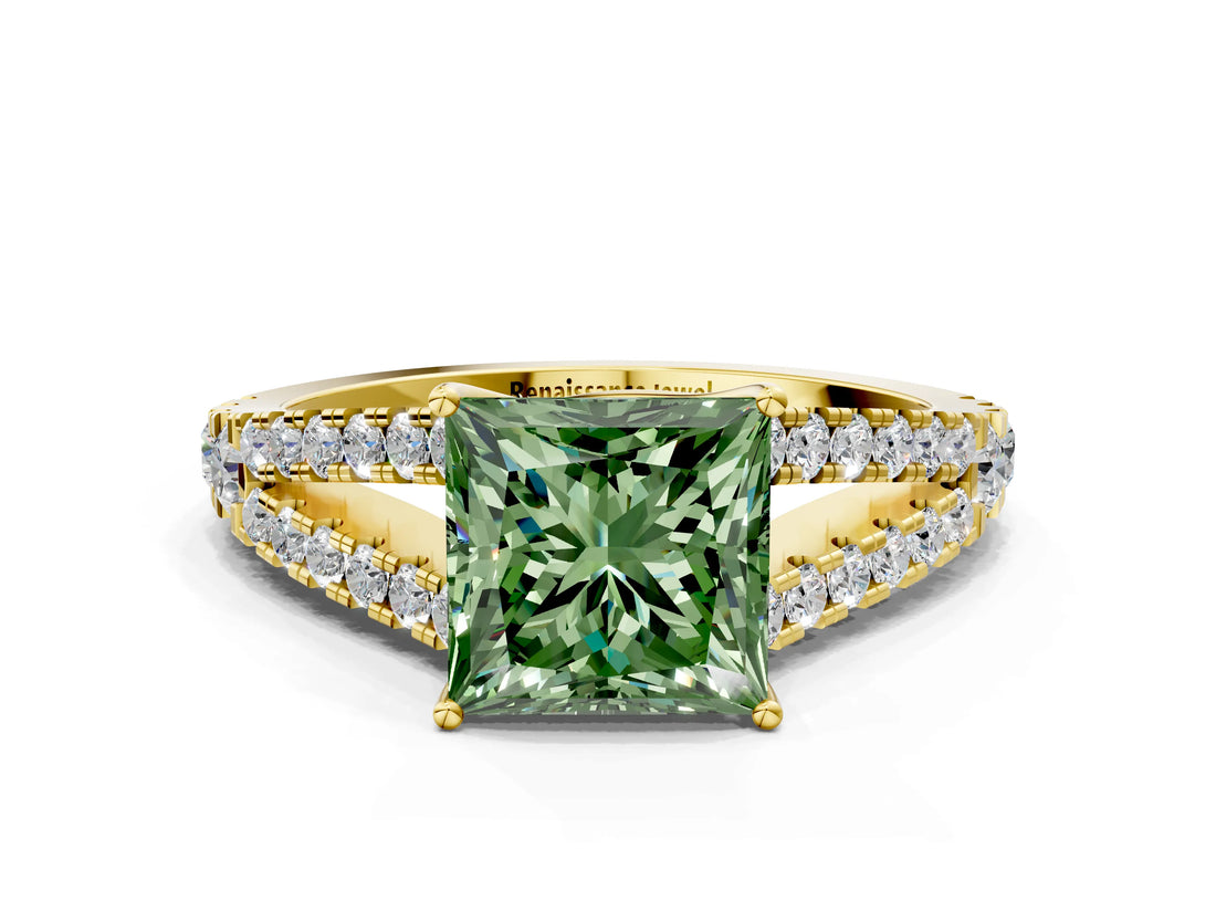 Yellow gold Fancy Green Princess Cut Diamond Split Shank Pavé Engagement Ring with Four-Prong Setting_17
