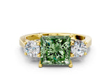 Yellow gold Fancy Green Princess Cut Diamond Three-Stone Engagement Ring with Prong Setting and Pavé Band