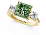 Yellow gold Fancy Green Princess Cut Diamond Three-Stone Engagement Ring with Prong Setting and Pavé Band_1