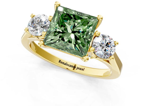 Yellow gold Fancy Green Princess Cut Diamond Three-Stone Engagement Ring with Prong Setting and Pavé Band