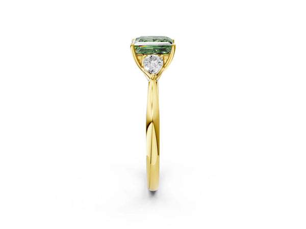 Yellow Gold Princess Cut Three Stone Pear Side Engagement Ring Setting for Fancy Green Center