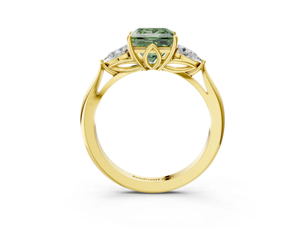 Yellow Gold Princess Cut Three Stone Pear Side Engagement Ring Setting for Fancy Green Center