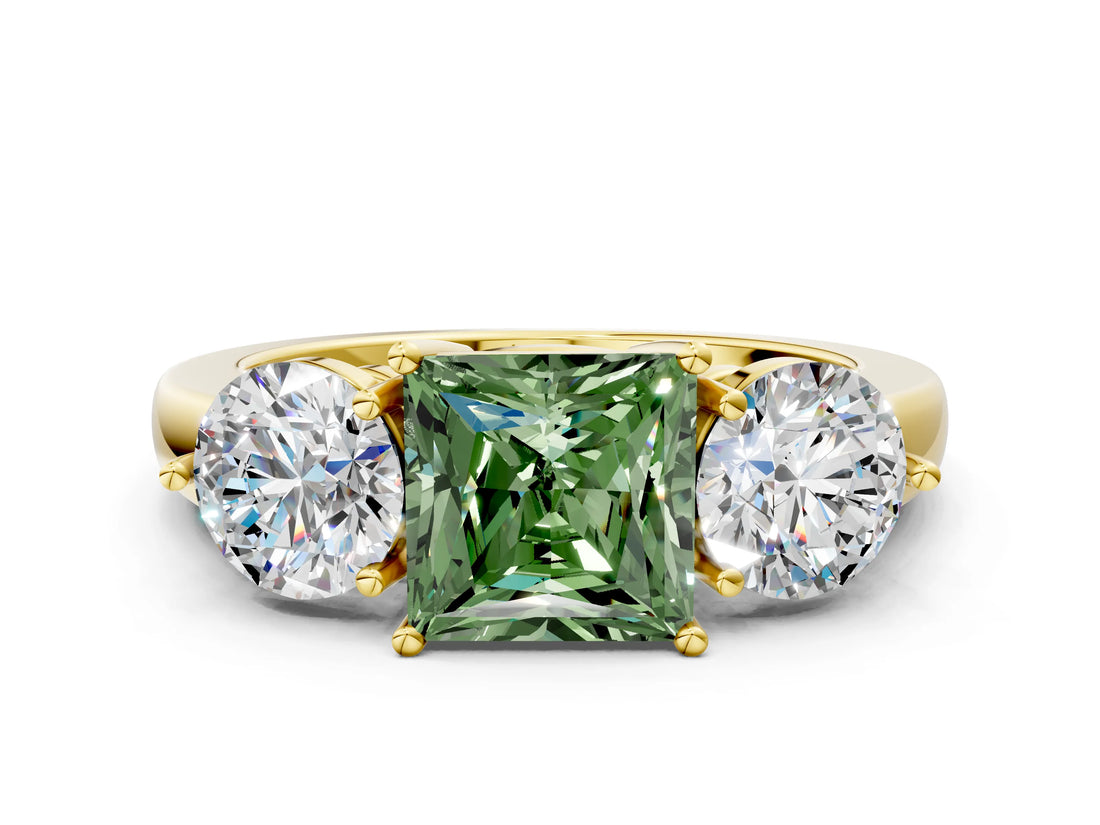 Yellow gold Fancy Green Princess Cut Diamond Three-Stone Ring with Prong Setting and Classic Band_51