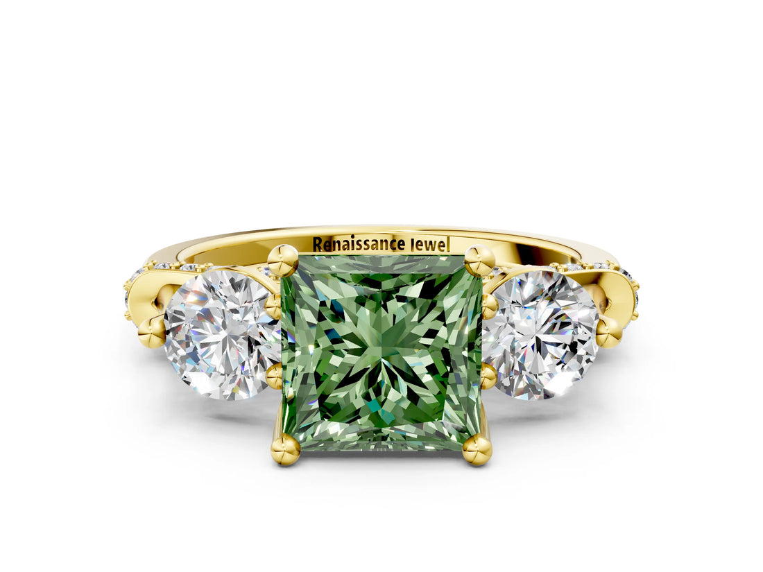 Yellow gold Fancy Green Princess Cut Diamond Three-Stone Ring with Prong Setting and Pavé Band