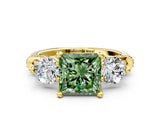 Yellow gold Fancy Green Princess Cut Diamond Three-Stone Ring with Prong Setting and Pavé Band