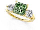 Yellow gold Fancy Green Princess Cut Diamond Three-Stone Ring with Prong Setting and Pavé Band_1