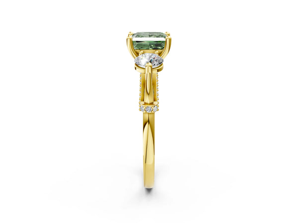 Yellow Gold Princess Cut Curved Pave Three Stone Engagement Ring Setting for Fancy Green Center