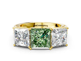Yellow gold Fancy Green Princess Cut Diamond Three-Stone Ring with Prong Setting and Textured Band