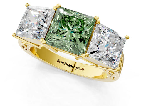 Yellow gold Fancy Green Princess Cut Diamond Three-Stone Ring with Prong Setting and Textured Band_1