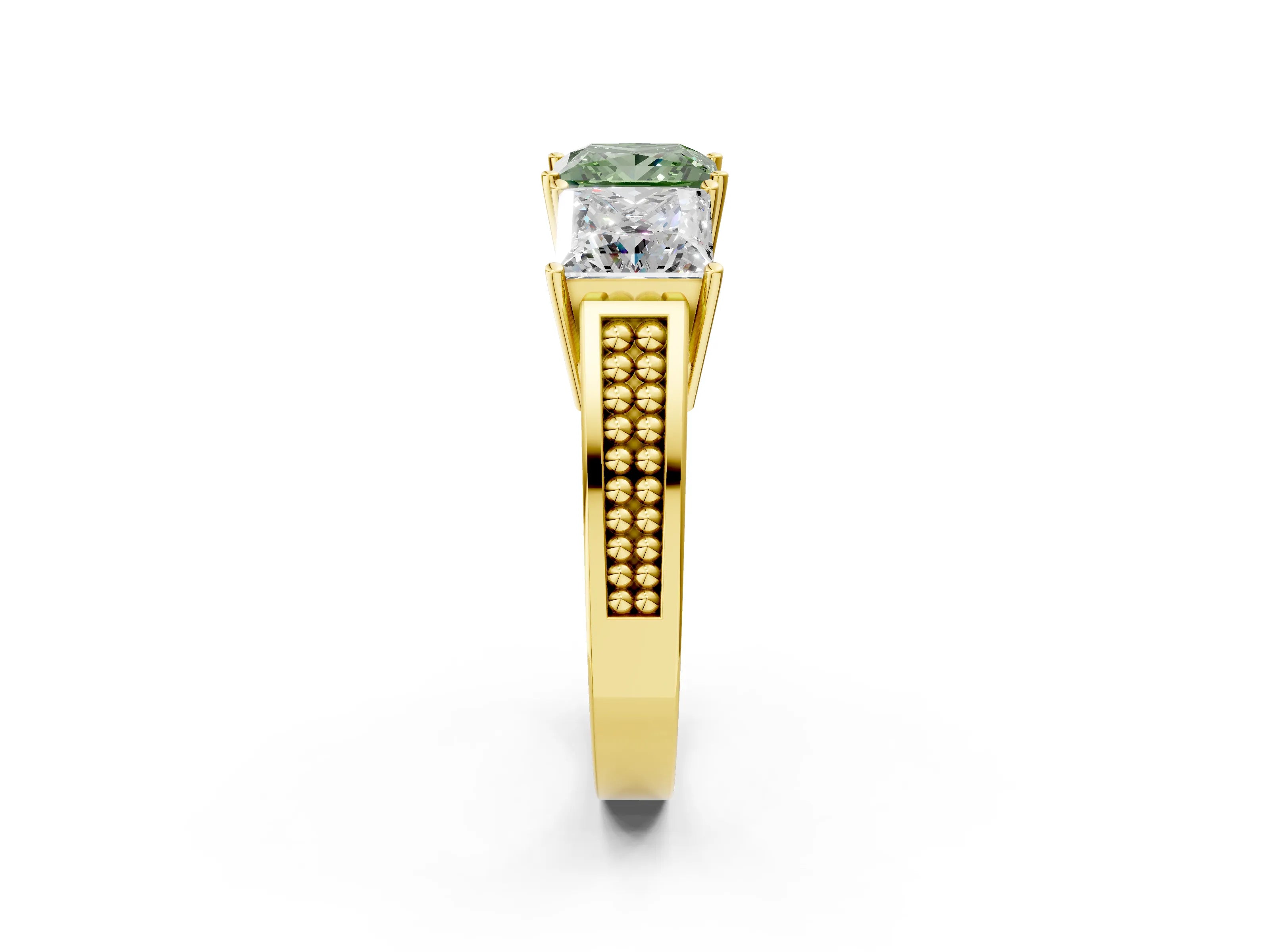 Yellow gold Fancy Green Princess Cut Diamond Three-Stone Ring with Prong Setting and Textured Band_2