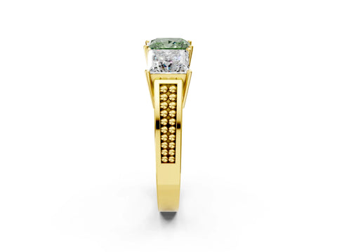 Yellow gold Fancy Green Princess Cut Diamond Three-Stone Ring with Prong Setting and Textured Band_2