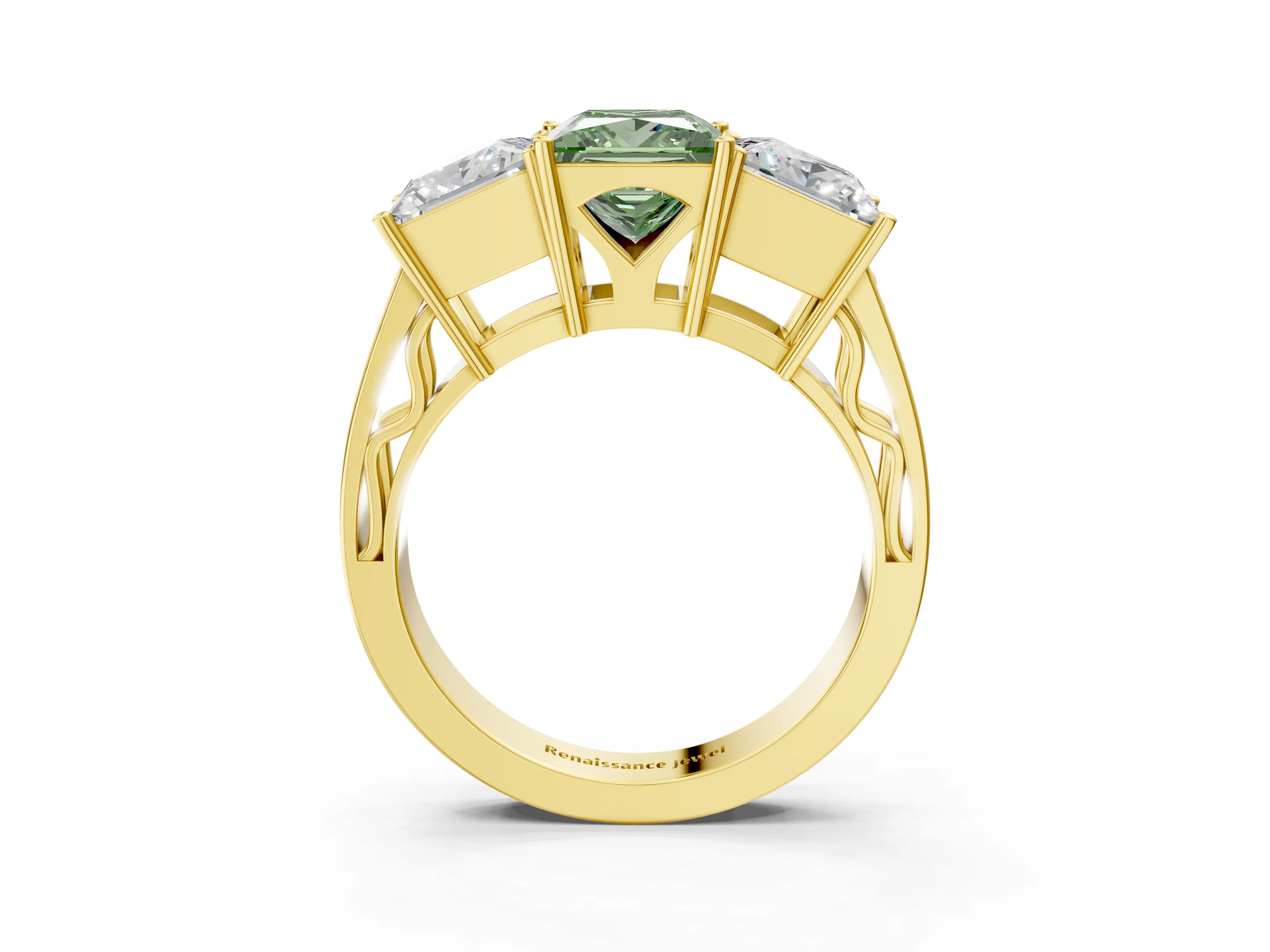 Yellow gold Fancy Green Princess Cut Diamond Three-Stone Ring with Prong Setting and Textured Band_3