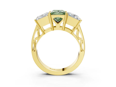 Yellow gold Fancy Green Princess Cut Diamond Three-Stone Ring with Prong Setting and Textured Band_3