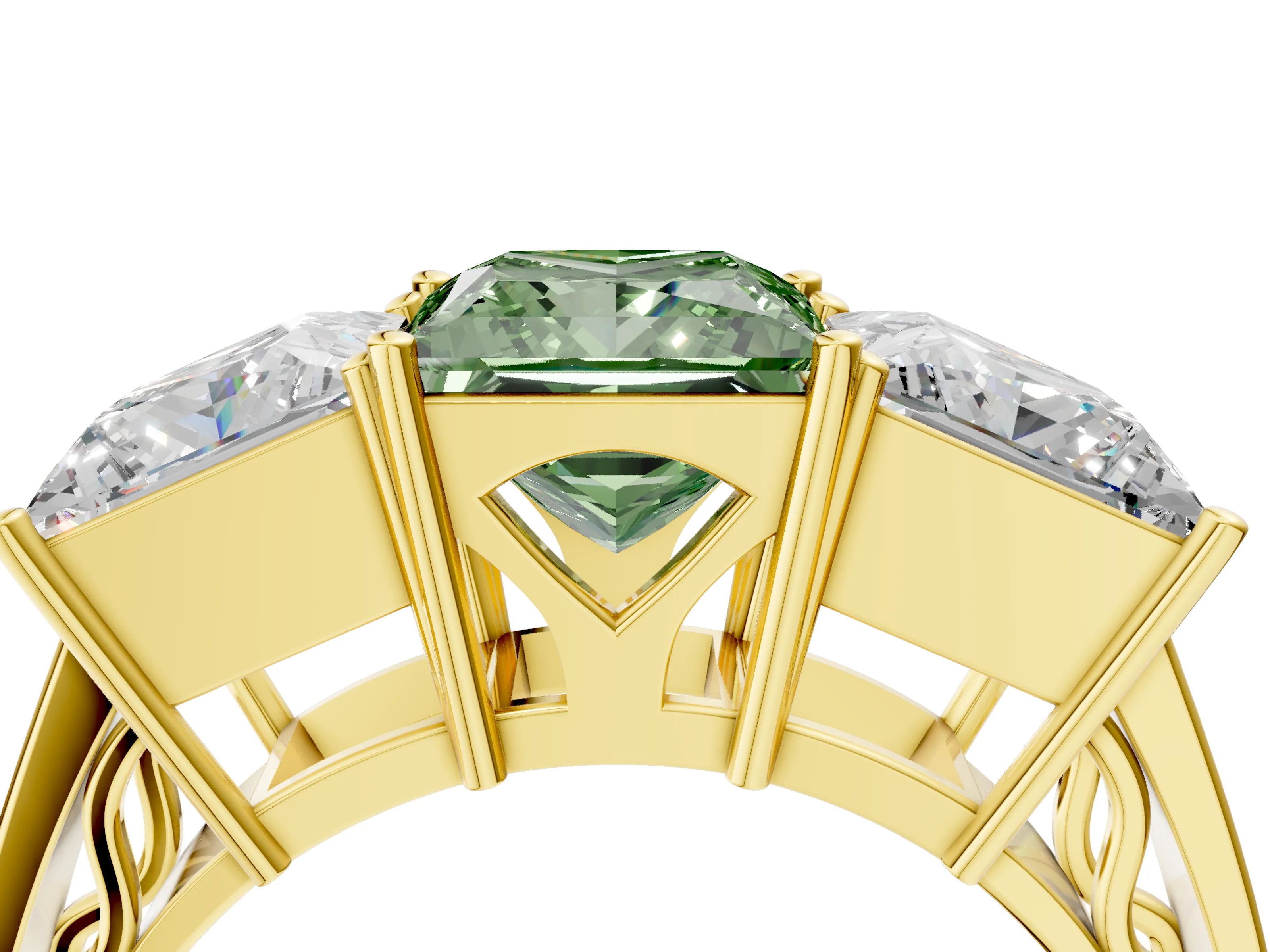 Yellow gold Fancy Green Princess Cut Diamond Three-Stone Ring with Prong Setting and Textured Band_4