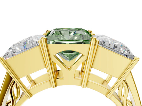 Yellow gold Fancy Green Princess Cut Diamond Three-Stone Ring with Prong Setting and Textured Band_4