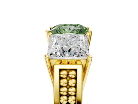 Yellow gold Fancy Green Princess Cut Diamond Three-Stone Ring with Prong Setting and Textured Band_5