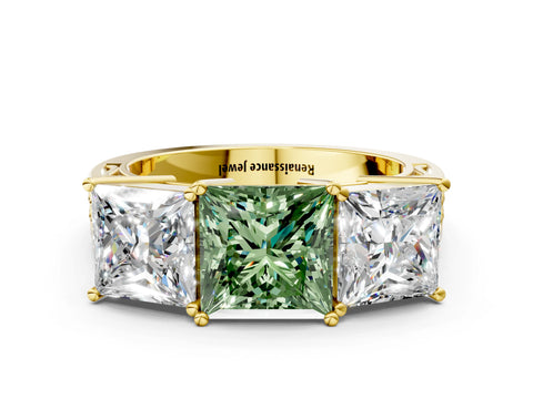 Yellow gold Fancy Green Princess Cut Diamond Three-Stone Ring with Prong Setting and Textured Band