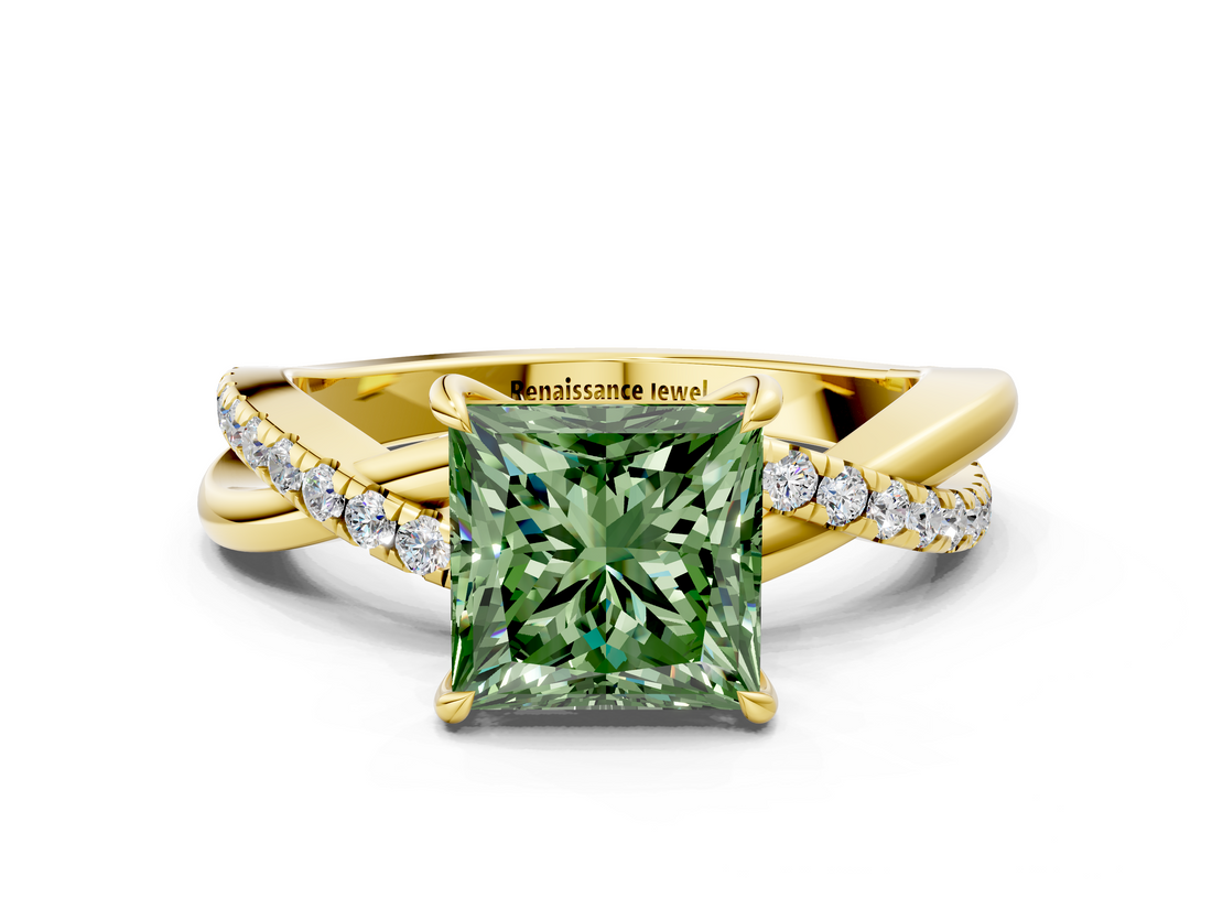 Yellow gold Fancy Green Princess  Cut Diamond Twisted Band with Pavé Setting and Four-Prong Setting