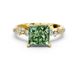 Yellow gold Fancy Green Princess  Cut Diamond Vine Band with Four-Prong Setting