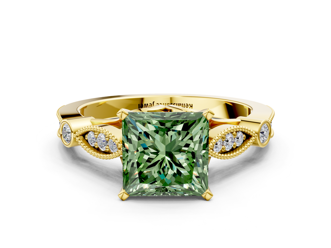 Yellow gold Fancy Green Princess  Cut Diamond with Milgrain Marquise and Bezel Accents on a Solitaire Band with Prong Setting